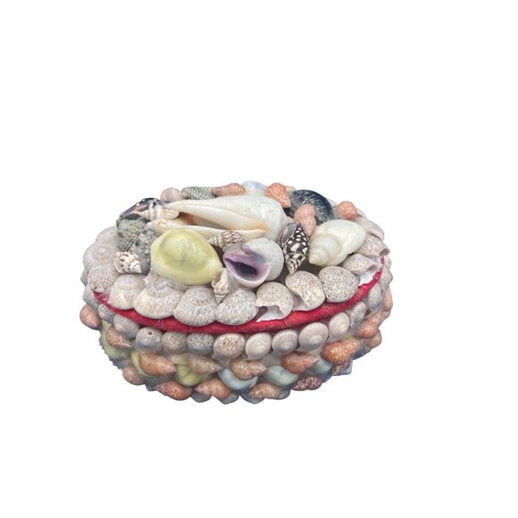 Jewelry - Seashell-Embellished Oval Trinket Box Red Velvet Interior & Lid